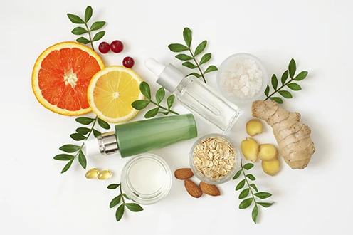 Produits cosmétiques naturels - opérations physiques ITERG Ingrédients naturels pour formulation cosmétique : agrumes, gingembre, amandes et flacons - ITERG
