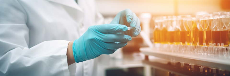  Technicien de laboratoire en blouse blanche et gants bleus manipulant un échantillon d’huile devant une rangée de flacons remplis d’un liquide jaune orangé.