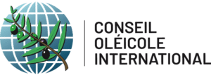 Logo du Conseil Oléicole International (COI) avec un rameau d’olivier sur une mappemonde bleue et noire.