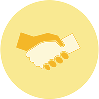 Pictogramme d’une poignée de main sur fond jaune, illustrant le savoir-être, la collaboration ou les compétences relationnelles.