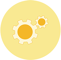 Pictogramme de deux rouages sur fond jaune, symbolisant le savoir-faire ou les compétences techniques et pratiques.