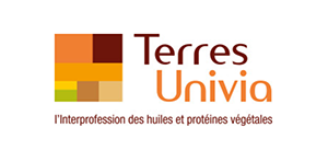 : Logo de Terres Univia, l’interprofession des huiles et protéines végétales, avec des carrés dégradés dans les tons orange et marron.