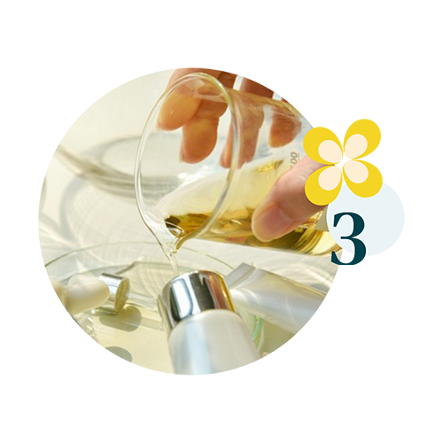 valeurs 3 Main versant un liquide huileux doré depuis un bécher en verre dans un flacon cosmétique, entouré de gélules et contenants sur une surface claire, avec un motif floral jaune et le chiffre 3.
