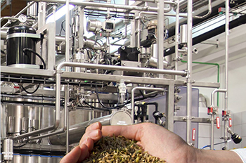 Mains tenant des graines végétales devant une unité pilote d’extraction en inox, illustrant les procédés par voie sèche ou humide.