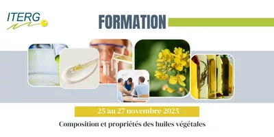 Affiche de la formation ITERG « Composition et propriétés des huiles végétales », programmée du 25 au 27 novembre 2025, illustrée par des photos de laboratoires, de graines et d’huiles.