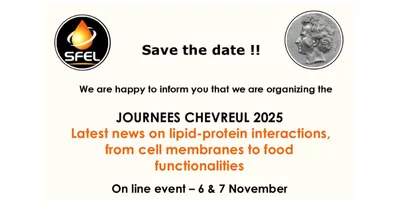 Affiche annonçant les Journées Chevreul 2025 organisées par la SFEL, sur le thème des interactions lipides-protéines, prévues en ligne les 6 et 7 novembre 2025.