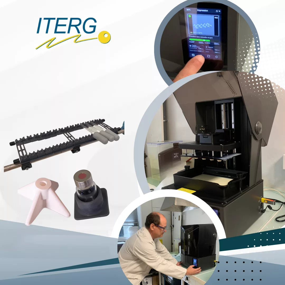 impression 3D-ACTUALITES Affiche ITERG annonçant le passage à l’impression 3D, avec photos d’équipements de fabrication additive et d’un chercheur en laboratoire.