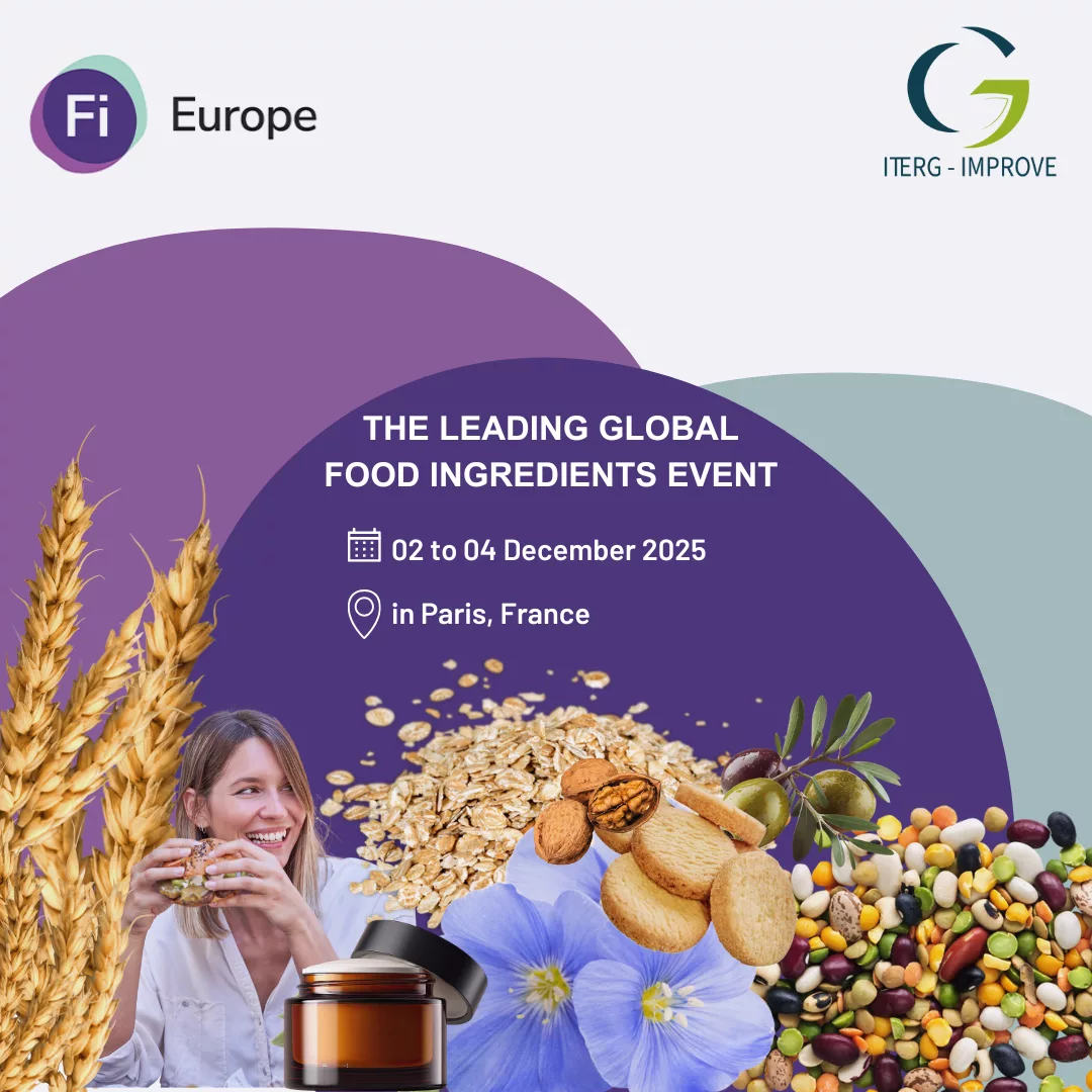 Visuel annonçant la participation d’ITERG au salon Fi Europe 2025 à Paris, avec le logo Fi Europe, le logo ITERG, la date de l’événement et des photos illustrant la manipulation d’ingrédients, des installations industrielles et l'analyse sensorielle d’un échantillon.